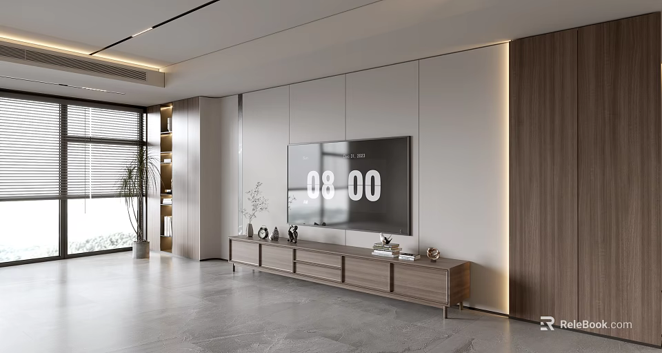 Modern Wooden TV Stand In Living Room With White Backdrop And Decorative Items 3d model 