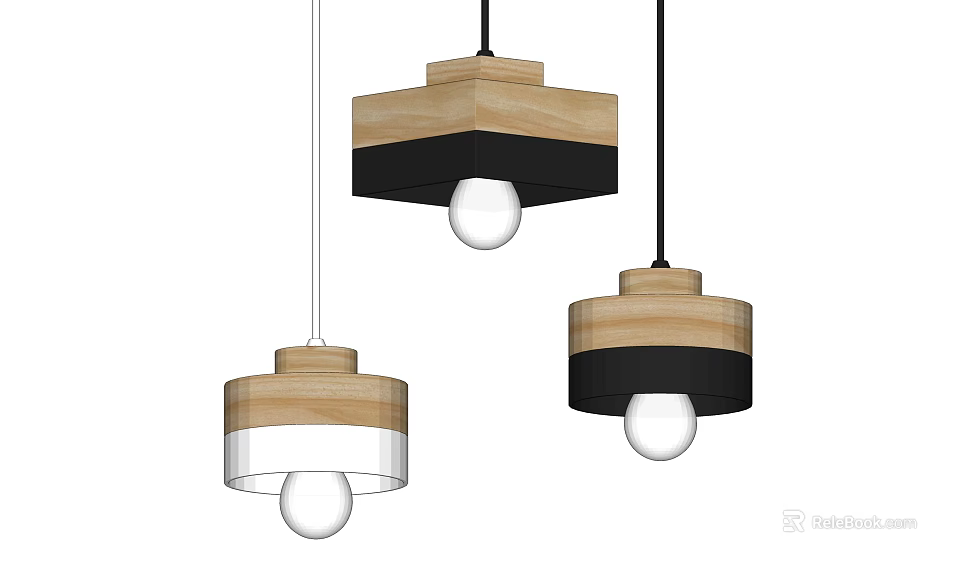 Modern Wooden Pendant Lights With Black Accents Glass Shade And Spherical Bulb Design 3d model 