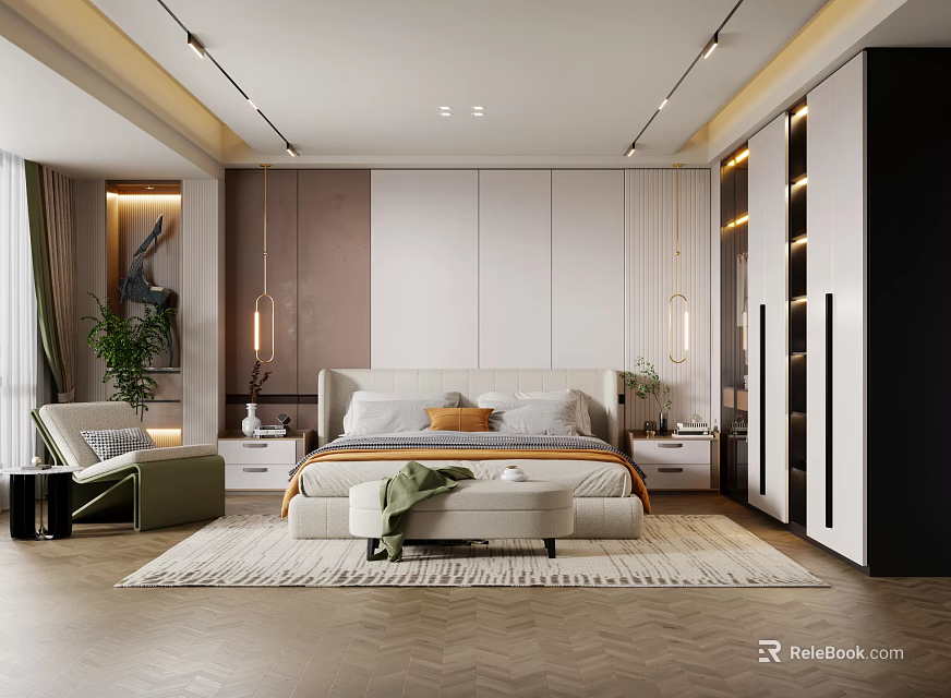 Elegant Modern Bedroom Interior With Large Bed Wardrobe Area Rug And Green Plant 3d model 