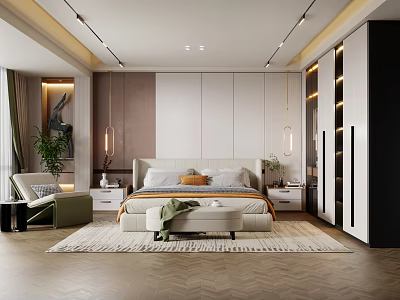 Elegant Modern Bedroom Interior With Large Bed Wardrobe Area Rug And Green Plant 3d model