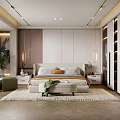Elegant Modern Bedroom Interior With Large Bed Wardrobe Area Rug And Green Plant