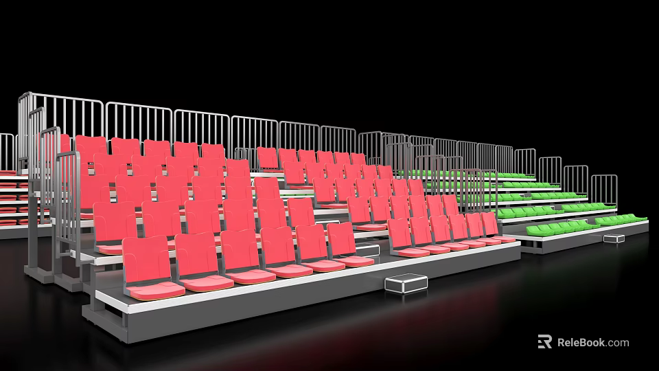 Public Facility Bleachers With Red And Green Seats And Metal Railings 3d model 