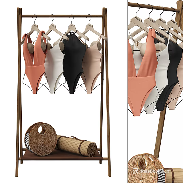 One Piece Swimsuits Hanging On Hangers In Various Colors With Straw Hat And Mat 3d model 