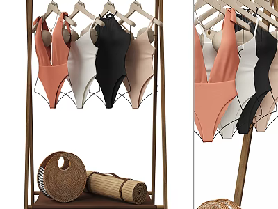One Piece Swimsuits Hanging On Hangers In Various Colors With Straw Hat And Mat 3d model