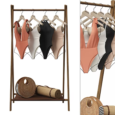 One Piece Swimsuits Hanging On Hangers In Various Colors With Straw Hat And Mat 3d model