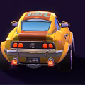 Cute Cartoon Style Yellow Car With Red Stripes Blue Headlights And Black Tires