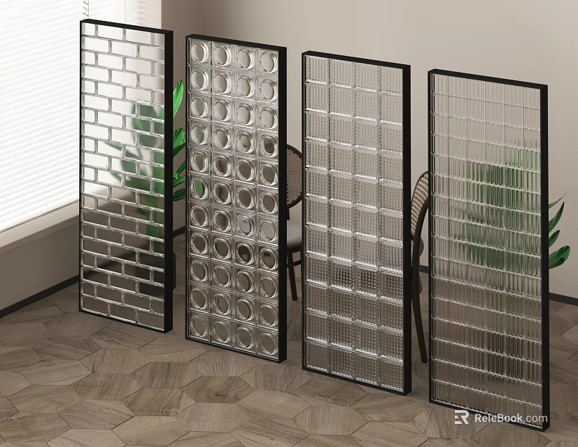 Modern Room Dividers With Transparent Glass Panels And Brick Pattern Circular Holes Grid 3d model 