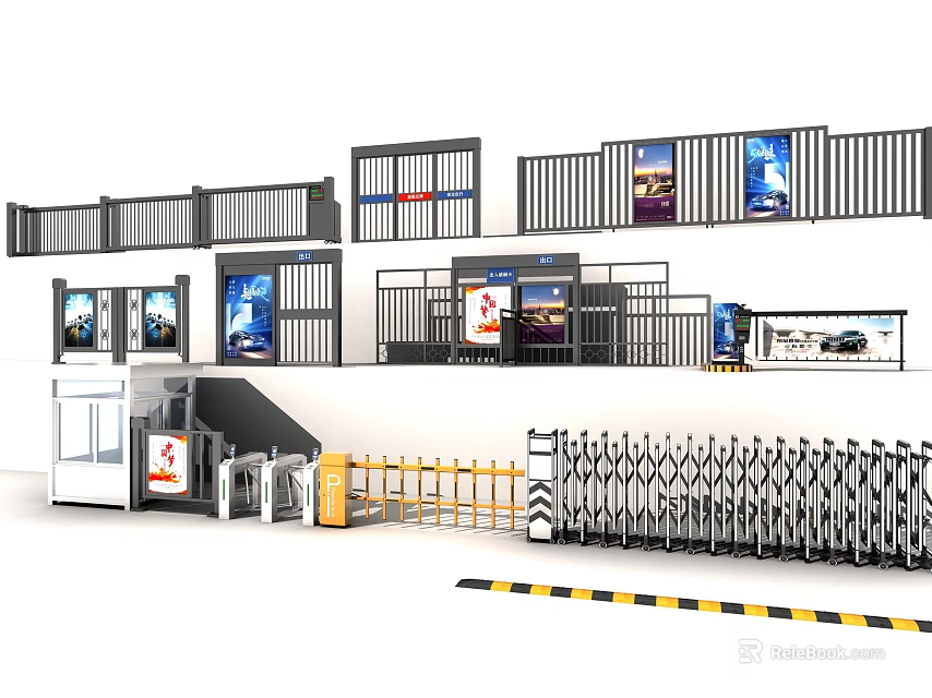 Modern Access Control Systems With Security Barriers Gates And Billboards 3d model 