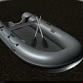 Sturdy Inflatable Boat Floating On Water With Mesh Floor And Crossed Wooden Paddles