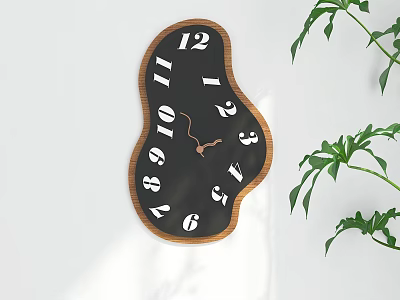Irregular Shaped Black Dial Clock With White Numbers Wooden Frame And Green Plants 3d model