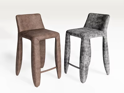Two Stylish Upholstered Bar Stools In Brown And Gray With Curved Legs 3d model