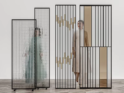 Modern Interior Room Divider With Black Metal Frame Transparent Panels And Decorative Lines 3d model