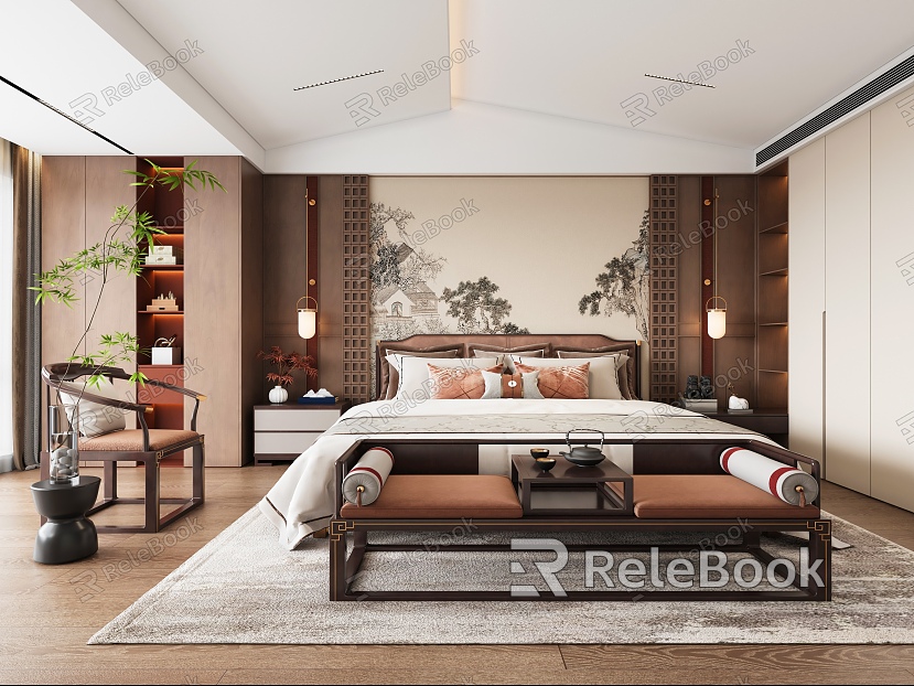 New Chinese Style Bedroom Inclined Top Bedroom Bedside Background Wall Double Bed Leisure Chair model