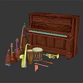 Collection Of Musical Equipment Featuring Mahogany Upright Piano Violins Guitars Saxophone Drum And Trumpet