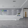 Sleek Modern White Curved Office Reception Desk With Company Brand Logo Display Background Wall