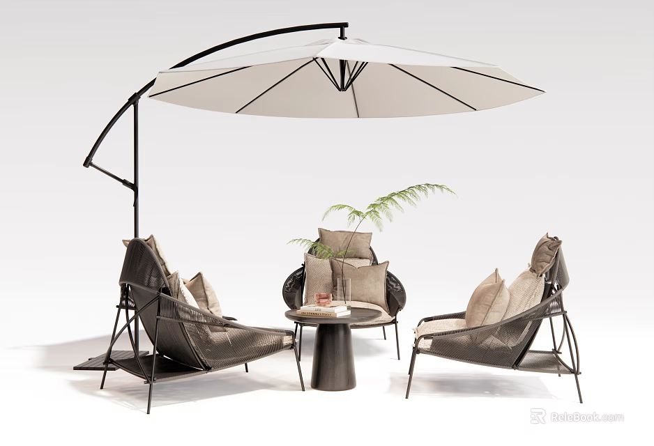 Comfortable Outdoor Chairs With Metal Frame And Fabric Cushions Under Large Umbrella And Side Table 3d model 