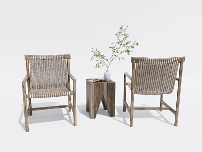 Stylish Table and Chair Set with Wicker Chairs Wooden Side Table White Vase Green Plant 3d model