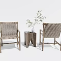 Stylish Table and Chair Set with Wicker Chairs Wooden Side Table White Vase Green Plant