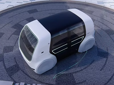 Futuristic White And Black Concept Car With Round Wheels And Glass Windows On Circular Platform 3d model