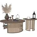 Round Woven Coffee Tables With Pampas Grass Vase Lantern Cup Books And Glass Jar