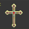 Intricate Golden Cross Sculpture With Red And Blue Decorative Carvings
