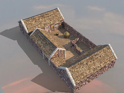 Traditional Rural Building With Thatched Roof Stone Walls And Courtyard Structure 3d model