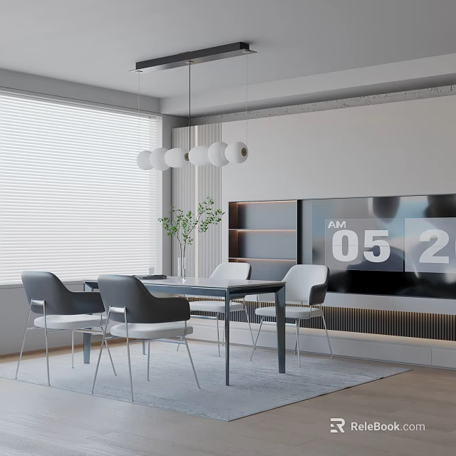 Modern Dining Table Set With Grey Chairs Pendant Lights Window Blinds And Decorative Plant 3d model 