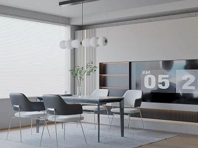 Modern Dining Table Set With Grey Chairs Pendant Lights Window Blinds And Decorative Plant 3d model