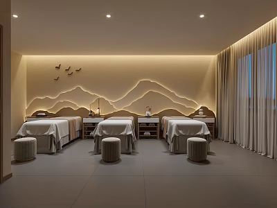 Elegant SPA Room Interior With Treatment Beds Mountain Pattern Wall Warm Lighting Curtains And Stools 3d model