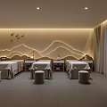 Elegant SPA Room Interior With Treatment Beds Mountain Pattern Wall Warm Lighting Curtains And Stools