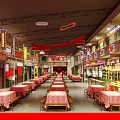 Traditional Chinese Food Street Restaurant With Red Lanterns Neon Signs And Long Tables