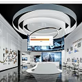 Modern Exhibition Hall With Circular Chandelier Large Screen Displays And White Platform