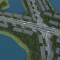 Aerial View of Urban Road Intersection With Water Areas Greenery and Residential Buildings