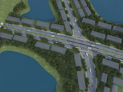 Aerial View of Urban Road Intersection With Water Areas Greenery and Residential Buildings 3d model