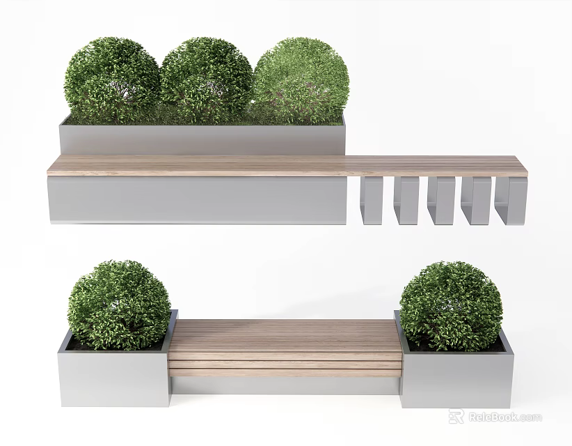 Modern Outdoor Bench with Wooden Slats and Potted Green Shrubs in Metal Planters 3d model 