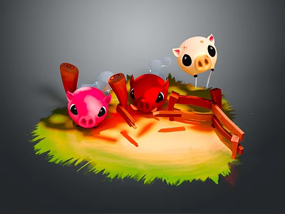 Three Cute Pig Toys With Pink Red White Colors On Grass Field And Wooden Fence 3d model