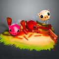 Three Cute Pig Toys With Pink Red White Colors On Grass Field And Wooden Fence