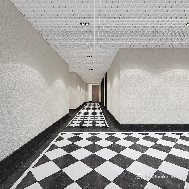 Modern Office Corridor With Black And White Checkered Floor White Walls And Grid Ceiling Lighting 3d model 