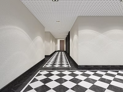 Modern Office Corridor With Black And White Checkered Floor White Walls And Grid Ceiling Lighting 3d model