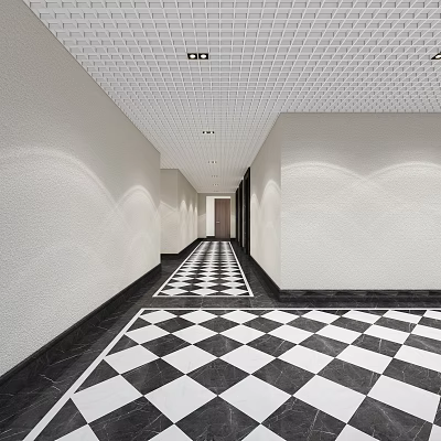 Modern Office Corridor With Black And White Checkered Floor White Walls And Grid Ceiling Lighting 3d model