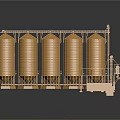 Industrial Grain Silo Structure With Golden Cylindrical Silos Platforms And Conveyor System