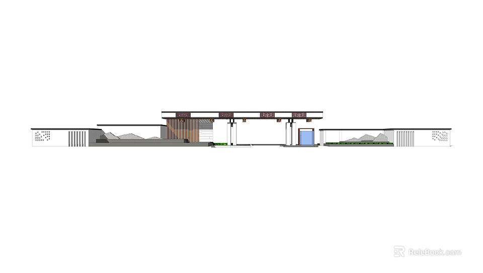Modern Main Entrance Gate With Eave Structure Columns And Landscape Design 3d model 