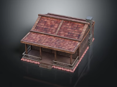 Wooden House With Brown Tiled Roof Porch Chimney And Steps Design 3d model