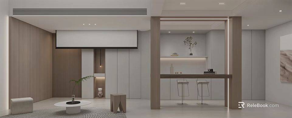 Modern Spacious Basement Interior Design With Stylish Furniture And Ambient Lighting 3d model 