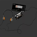 Portable Cassette Player And Headphones With Orange Earpads And Audio Cassette On Dark Background