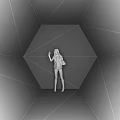 Person Standing In Symmetric Neon Light Design With Purple Pink Geometric Patterns