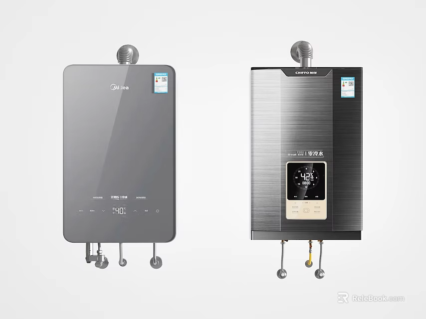 Two Modern Household Gas Water Heaters With Digital Display And Sleek Design Panels 3d model 