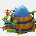 Colorful Charming Cartoon Scene Featuring Blue Bear-shaped Building Palm Trees Small Stalls and Umbrella Tables