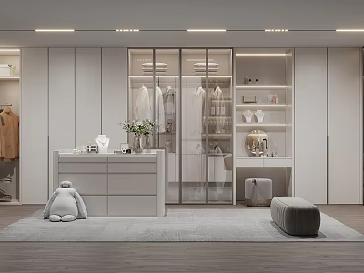 Modern Walk in Closet Interior Design With Glass Door Cabinets Open Shelves And Dressing Counter 3d model
