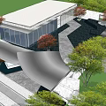 Modern Sales Office Building With Curved Structure Glass Walls And Surrounding Greenery Near High-Rise Buildings